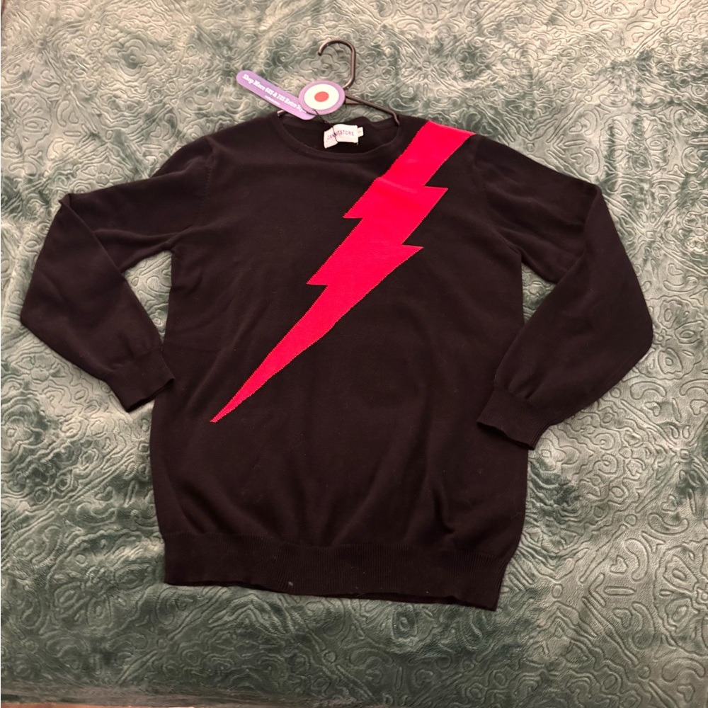 David Bowie vintage inspired ,1970’s LK Pink Lightning Bolt black sweater Sz Sm